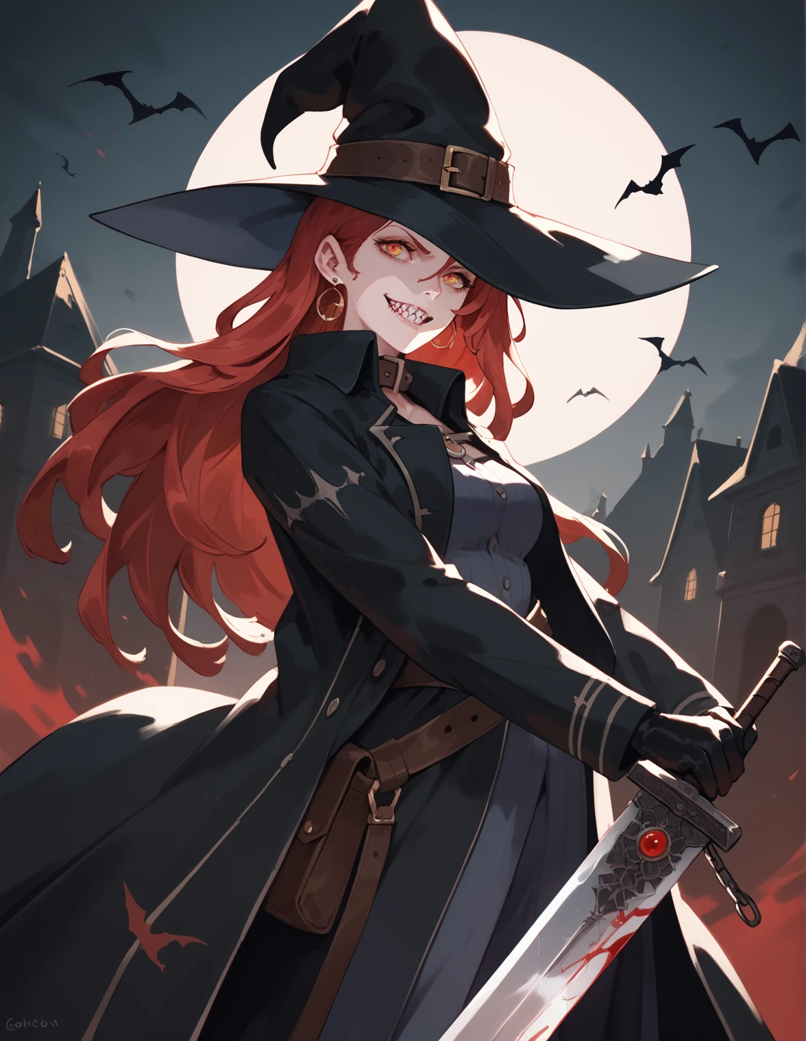 score_9, score_8_up, score_7_up, score_6_up, m1ne0h , lnp, 1girl, solo, long hair, red eyes, gloves, hat, holding, jewelry, yellow eyes, weapon, red hair, earrings, teeth, black gloves, belt, sword, holding weapon, collar, coat, black headwear, blood, witch hat, holding sword, sharp teeth, black coat, witch, wolf, <lora:m1ne0hv1.1-pony:1>