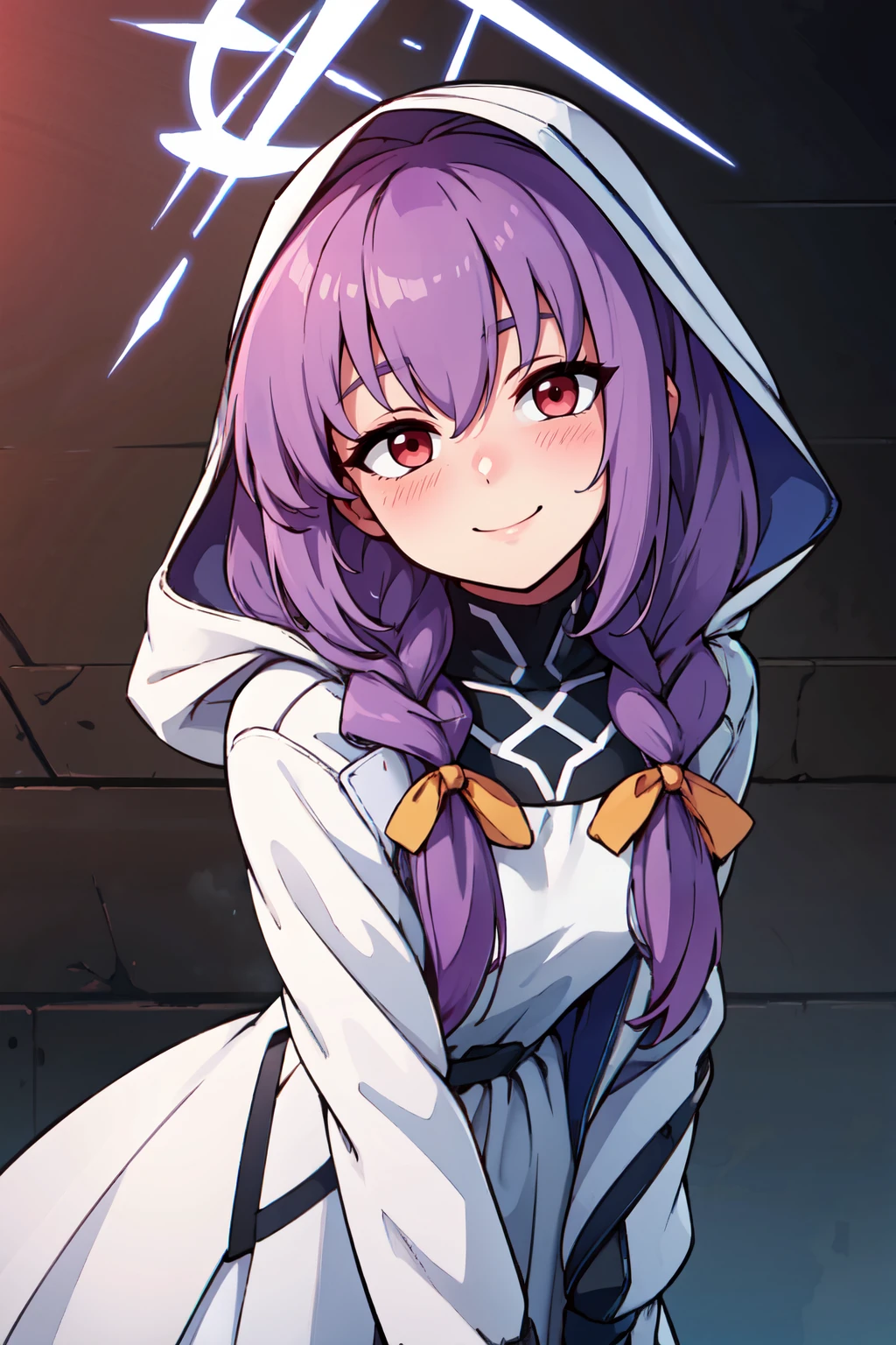 ((masterpiece,best quality)), absurdres,  BREAK, , <lora:Atsuko_BlueArchive_Citron:0.8>, zzAtsuko, red eyes, purple hair, long hair, twin braids, halo white dress, white jacket, black gloves, hooded jacket , BREAK, leaning forward, head tilt, blush, upper body,, BREAK, solo, smile, looking at viewer, cowboy shot,