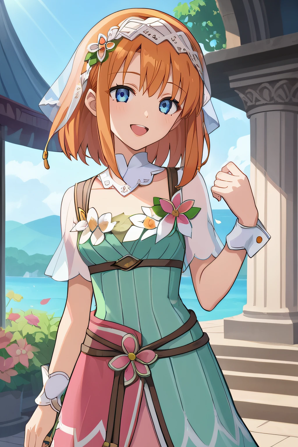 score_9, score_8_up, score_7_up, source_anime, rating_safe, intricate details, anime screencap, official style, 1girl, <lora:Shara:1>, shara, orange hair, blue eyes, medium hair, light green dress, straps, detached collar, lace veil, flower petals around chest, wrist cuffs, pink skirt, outdoor, smile, upper teeth, hand up, cowboy shot, open mouth