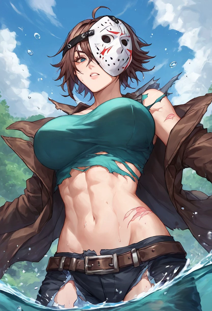 score_9, score_8_up, score_7_up, score_6_up, source_anime, from below, BREAK 1girl, Bjason, mask on head, brown hair, big breasts, torn clothes, jacket, crop top, midriff, gloves, standing in water, lake,