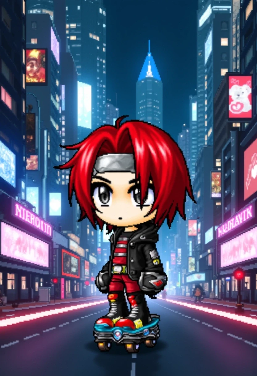 A chibi character with short red hair and a black leather jacket, riding a hoverboard through a futuristic city. Neon lights and holographic billboards light up the skyline, with sleek, futuristic buildings rising high above.