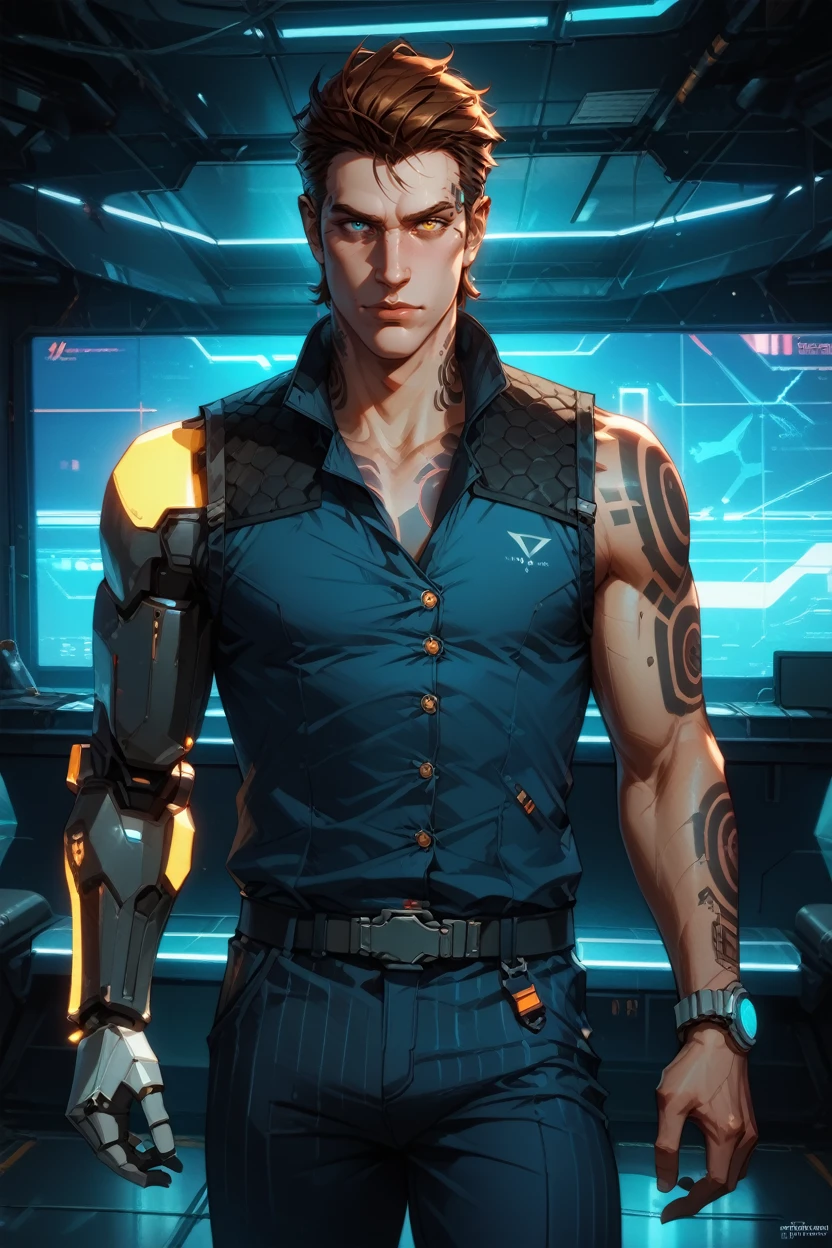 score_9, score_8_up, score_7_up, score_6_up
<lora:BLRhys:0.8>
BLRhys, 1boy, heterochromia, brown hair, android, tattoo, single mechanical arm, looking at viewer, posing in a high-tech, futuristic room, wearing sleek, minimalistic clothing, neon lights, holographic displays in the background, sharp and modern aesthetic