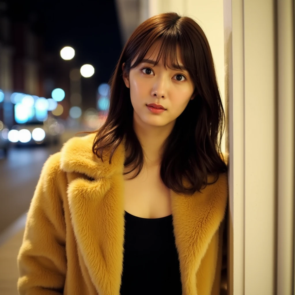 The image is a portrait of a young woman standing on a street at night. She is leaning against a white pillar and is wearing a yellow fur coat over a black dress. Her long dark hair is styledin loose waves, bangs,  and she is looking directly at the camera with a serious expression. The background is blurred, but it appears to be a city street with buildings and cars. The lighting is soft and warm, creating a cozy atmosphere.