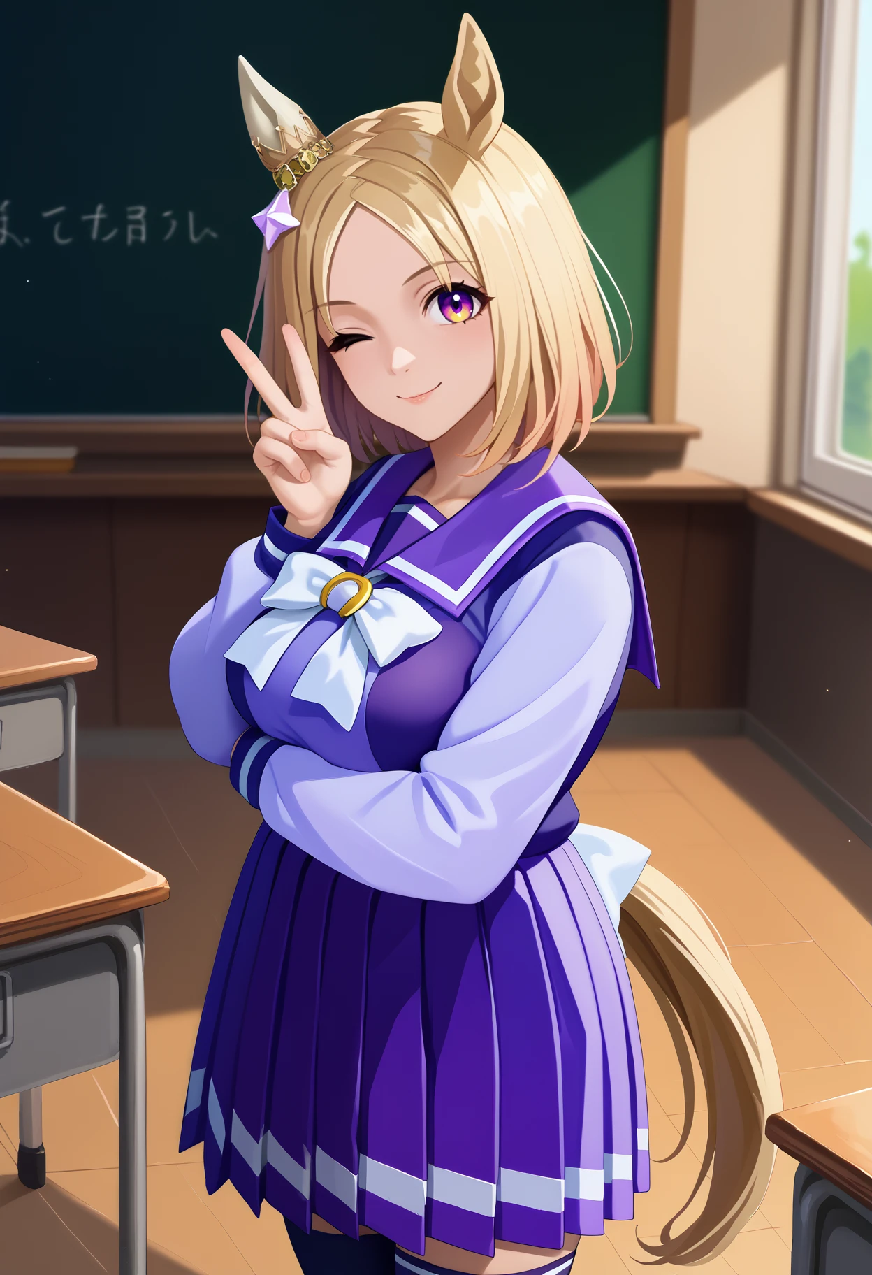 score_9, score_8_up, score_7_up, source_anime, <break> solo, 1girl, narita, horse tail, smile, looking at you, standing, peace sign, short hair, animal ears, ear ornament, ear covers, single ear cover, one eye closed, wintertracen, school uniform, purple serafuku, purple shirt, sailor collar, white bow, long sleeves, purple skirt, pleated skirt, purple thighhighs, large breasts, indoors, classroom
<segment:yolo-face_yolov8m.pt,0.4,0.5//cid=1>