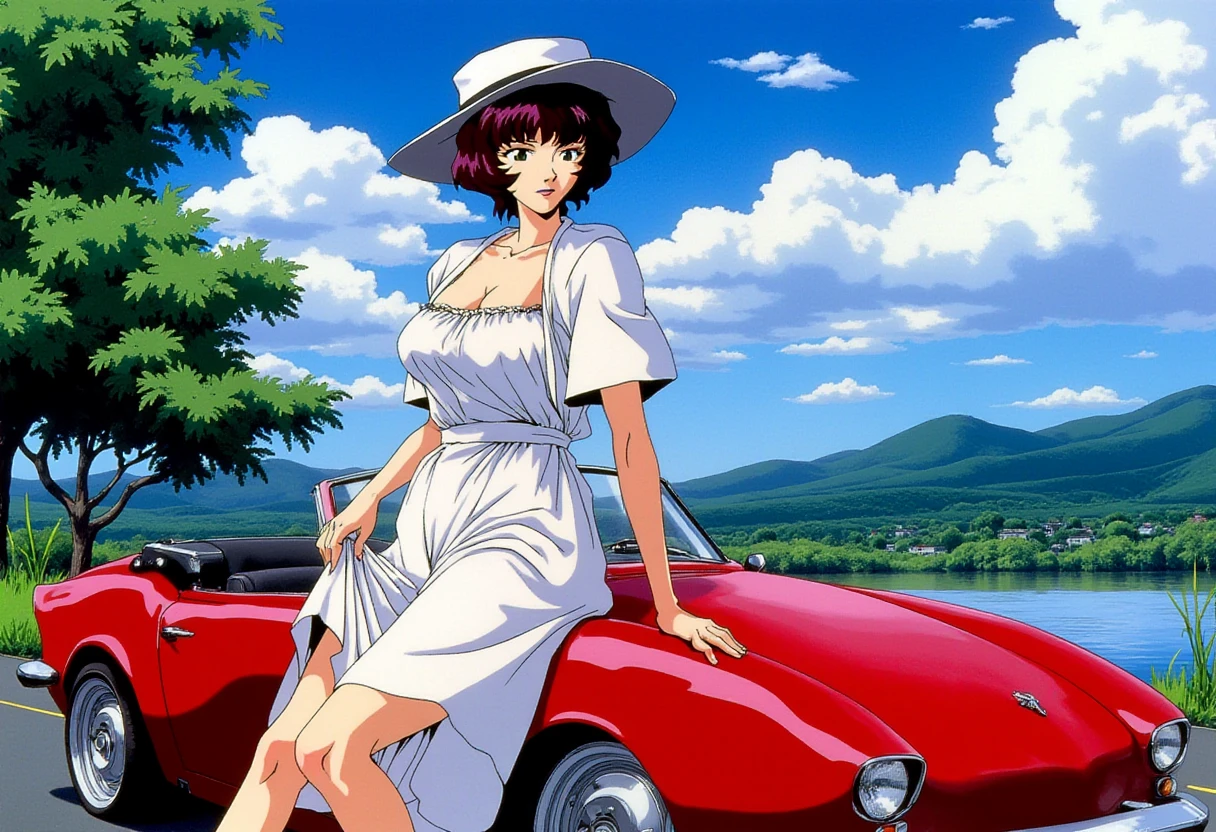 A detailed solo portrait of a mature woman naoko akagi.
She wears a pair of sunglasses, a hat, and a beautiful summer dress. She leaning against a red convertible race car. 
Anime style, sharp, high contrast and highly detailed. Ghibli anime style. Perfect anatomy. Perfect body ratio. No oversized head. No blurry, out of focus pictures. No simple background, no single color background.
 <lora:Naoko Akagi - Flux prototype_epoch_8:1>