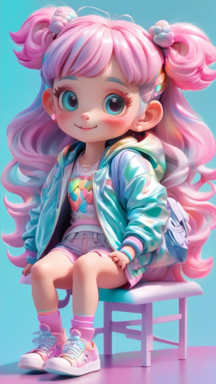 3d character,girl,Character with pastel rainbow hair,bear ears headband,iridescent jacket and shorts,pink sneakers,against a teal background.,