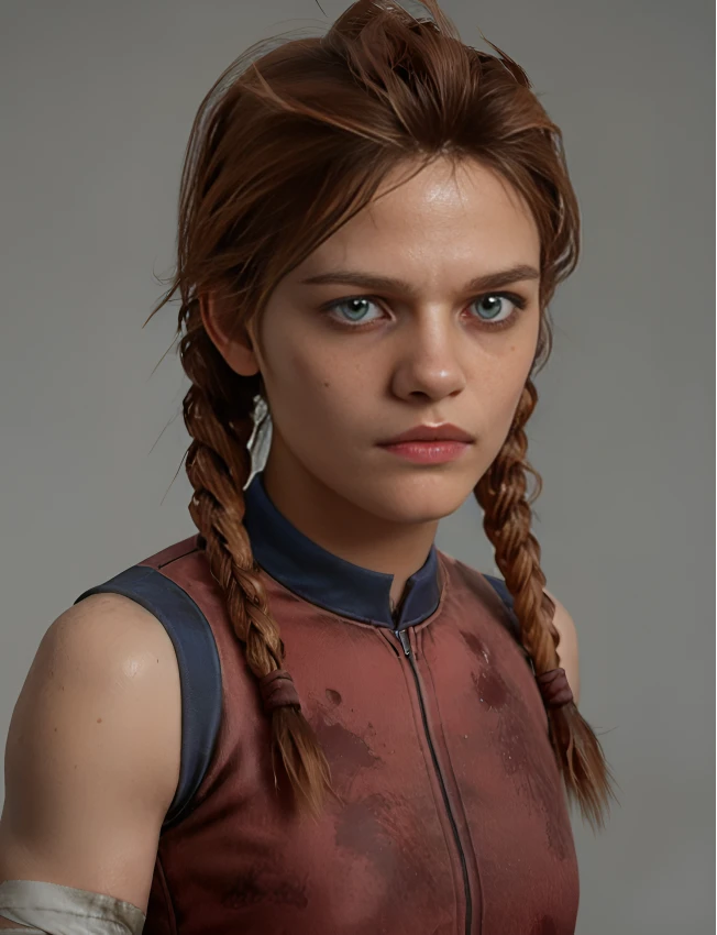 score_9, score_8_up, score_7_up, score_6_up, score_5_up, score_4_up, <lora:megthomas01:0.7>,megthomas,twin braids,sportwear,upper body view,blue eyes,bandages,ginger hair,freckles,young woman