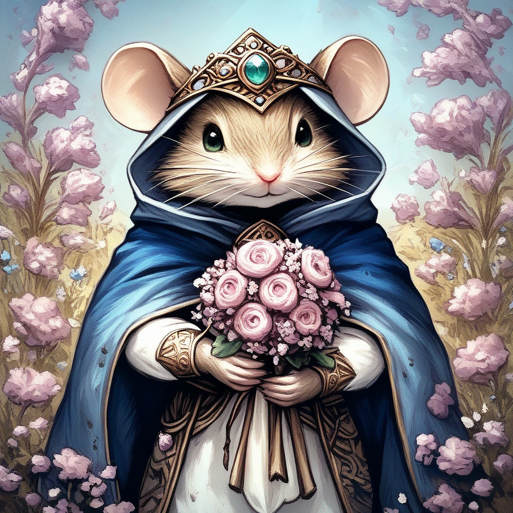 Score_9, score_8_up, score_7_up,MazesAndMice, The image is a digital illustration of a mouse wearing a blue cloak and a crown on its head. The mouse is holding a bouquet of pink and white flowers in its paws and is wearing a gold chain around its neck. The background is a field of pink flowers with green leaves and stems. The overall color scheme of the image is warm and earthy with shades of blue pink and yellow. The illustration has a whimsical and magical feel to it., flower, holding flower, pink flower, holding, mouse, solo, hood, blue cape, furry, cloak