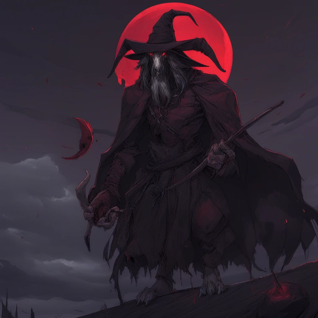 red moon, sharp teeth, witch hat, yellow eyes, solo, goat, beard, cloudy sky, blood, shoulder armor