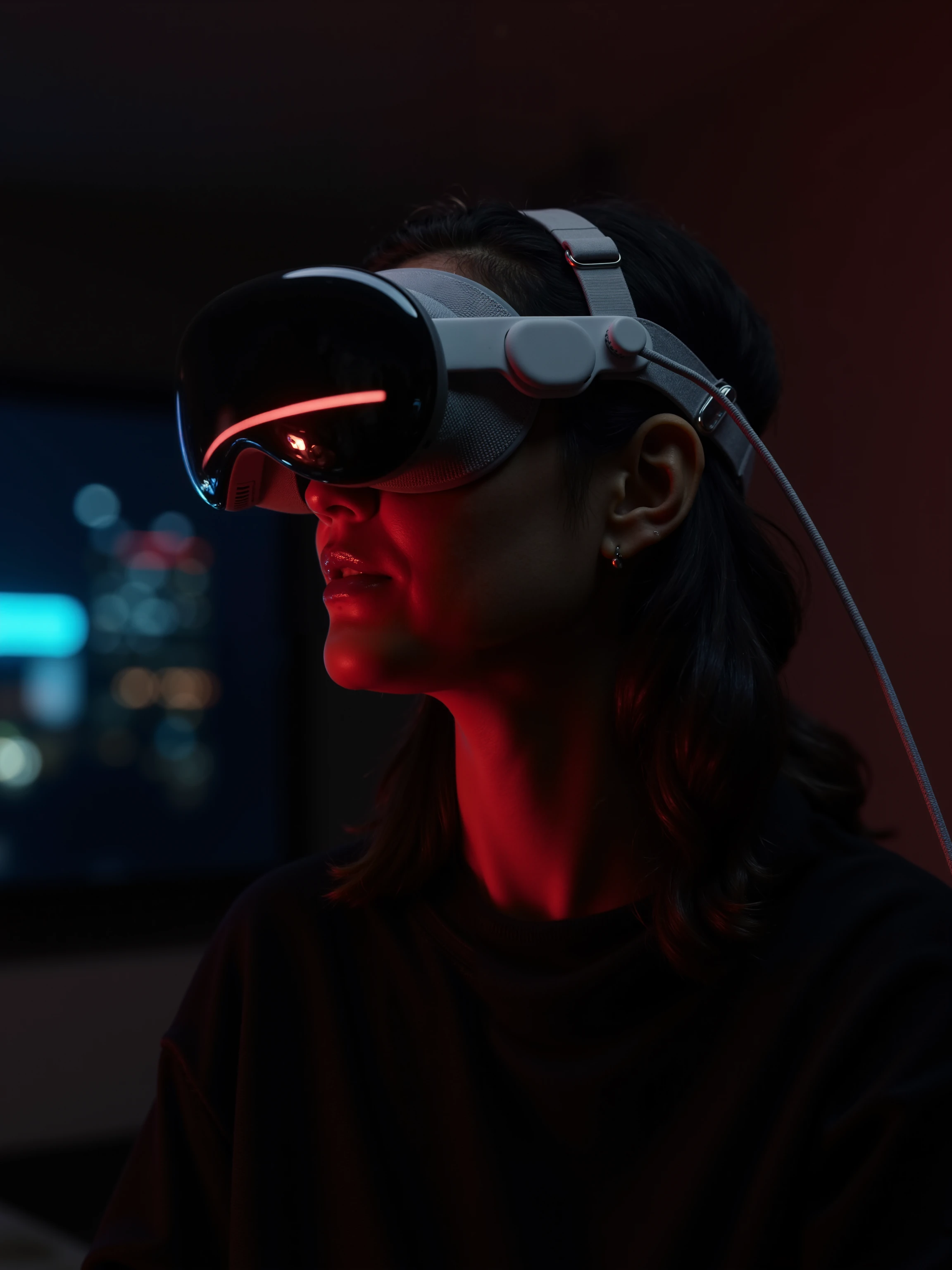  In a dimly lit, futuristic setting, a woman is partially illuminated by a thin, horizontal band of red light that cuts across her face, highlighting her eyes beneath the sleek, futuristic Apple Vision Pro headset. The large, curved black reflective lens of the glasses covers most of her upper face, with the rest shrouded in deep shadow. The white frame and textured mesh-like strap contrast against the dark, moody environment, creating a striking visual balance between technology and mystery.

Her dark, wavy hair falls around her face, framing the high-tech headset, while her expression remains contemplative and introspective, hidden beneath the reflective visor. The red light reflects subtly off the curved lens, enhancing the sleek, tech-forward aesthetic of the image. Despite the advanced technology she's wearing, there's an air of quiet reflection, as if she’s lost in thought or gazing into a world beyond her own.

The background is dark and abstract, with faint traces of blue and red neon light filtering through, hinting at a distant, cyberpunk cityscape or perhaps a digital projection in a confined space. The lighting is minimal and focused, with the only significant illumination coming from the narrow red beam, creating sharp contrasts between light and shadow.

The camera is positioned slightly below eye level, capturing her from the waist up in a low-light environment that emphasizes the isolation and mystery of the scene. The overall mood is atmospheric and cinematic, with elements of cyberpunk and dystopian aesthetics. The dark setting, coupled with the advanced headset, evokes themes of surveillance, technology, and introspection, suggesting a narrative of connection and alienation in a high-tech world.

The muted colors and sharp, reflective surfaces of the Apple Vision Pro add to the futuristic vibe, while the soft red and blue lighting introduces an eerie sense of tension. The scene blends cutting-edge technology with an emotional, human touch, creating a visually striking image full of depth and intrigue.