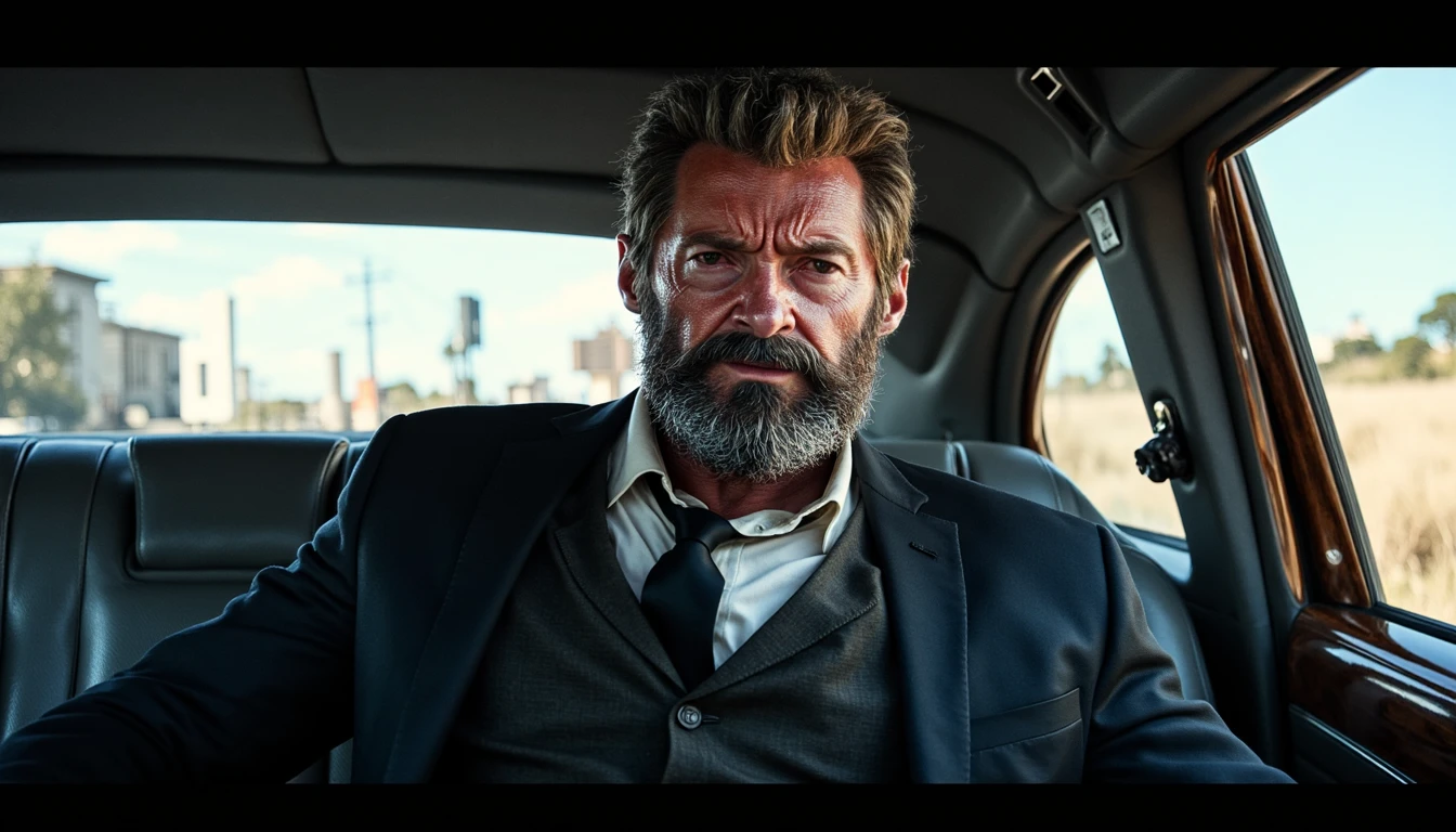 LGN, Create an illustration of Old Man Logan wearing a limousine driver's uniform, capturing his rugged yet refined appearance in a cinematic art style. Focus on his weathered face and the crisp lines of his uniform, drawing inspiration from Hugh Jackman's portrayal. Set him in a sleek, modern limousine interior, with subtle details like leather seats and polished wood accents. Use soft, ambient lighting to highlight the contrast between his rugged features and the polished environment, creating a sophisticated yet tense atmosphere. Employ a color palette of dark greys, blacks, and muted whites to reflect the classic chauffeur aesthetic. Ensure Logan's expression and posture are sharply focused, conveying his resilient character amidst the elegance of his surroundings. Exclude other characters to maintain the spotlight on Logan in his unique chauffeur role.