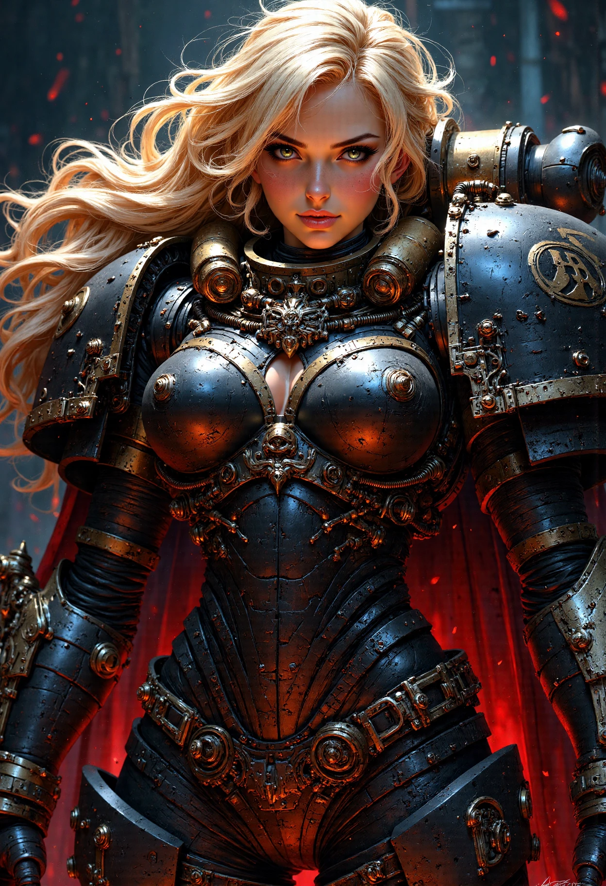 Female Space Marine with blonde hair with a dark background, red enbers 