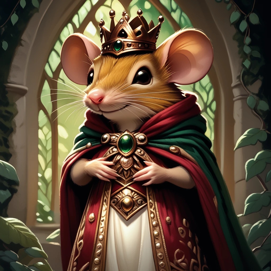 core_9, score_8_up, score_7_up,  <lora:MazesMicePony:1>  MazesAndMice, The image is a digital illustration of a mouse wearing a crown and a green cloak. The mouse is standing in front of a window with a view of trees and foliage in the background. The cloak is made of gold and red fabric with intricate patterns and designs. It has a gold chain around the neck and sleeves and the mouse is holding a gold brooch in its paws. The background is a dark green color with a hint of yellow giving the impression of a forest or forest-like setting. The overall mood of the image is regal and majestic., solo, cape, mouse, crown, mouse ears, furry, animal, smile, jewelry, no humans