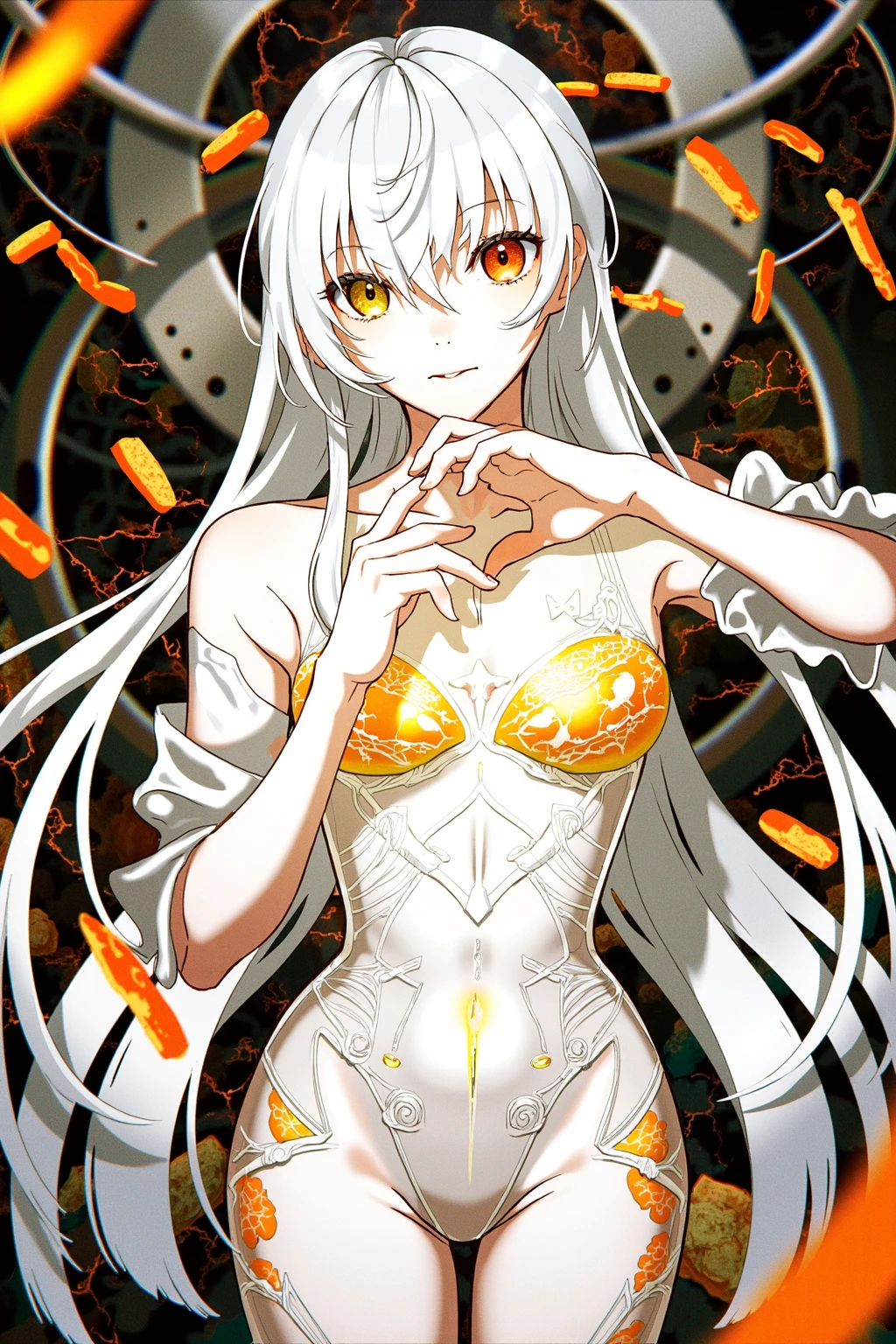 featuring a young woman with pale skin and striking orange eyes,she has long,flowing white hair that cascades down her back,and her expression is one of intense focus or concentration,she is wearing a form-fitting,white dress that appears to be **** of a translucent material,with intricate,geometric patterns and a high collar,her hands are positioned near her face,with one hand touching her cheek and the other hand forming a heart shape,the background is a chaotic,abstract scene with a mix of dark and light colors,including orange and yellow hues,and various geometric shapes and lines,the overall composition is dynamic and chaotic,with a sense of movement and energy,the illustration is highly detailed,with smooth lines and vibrant colors,typical of high-quality digital art,the texture is smooth and polished,enhancing the realism of the artwork,