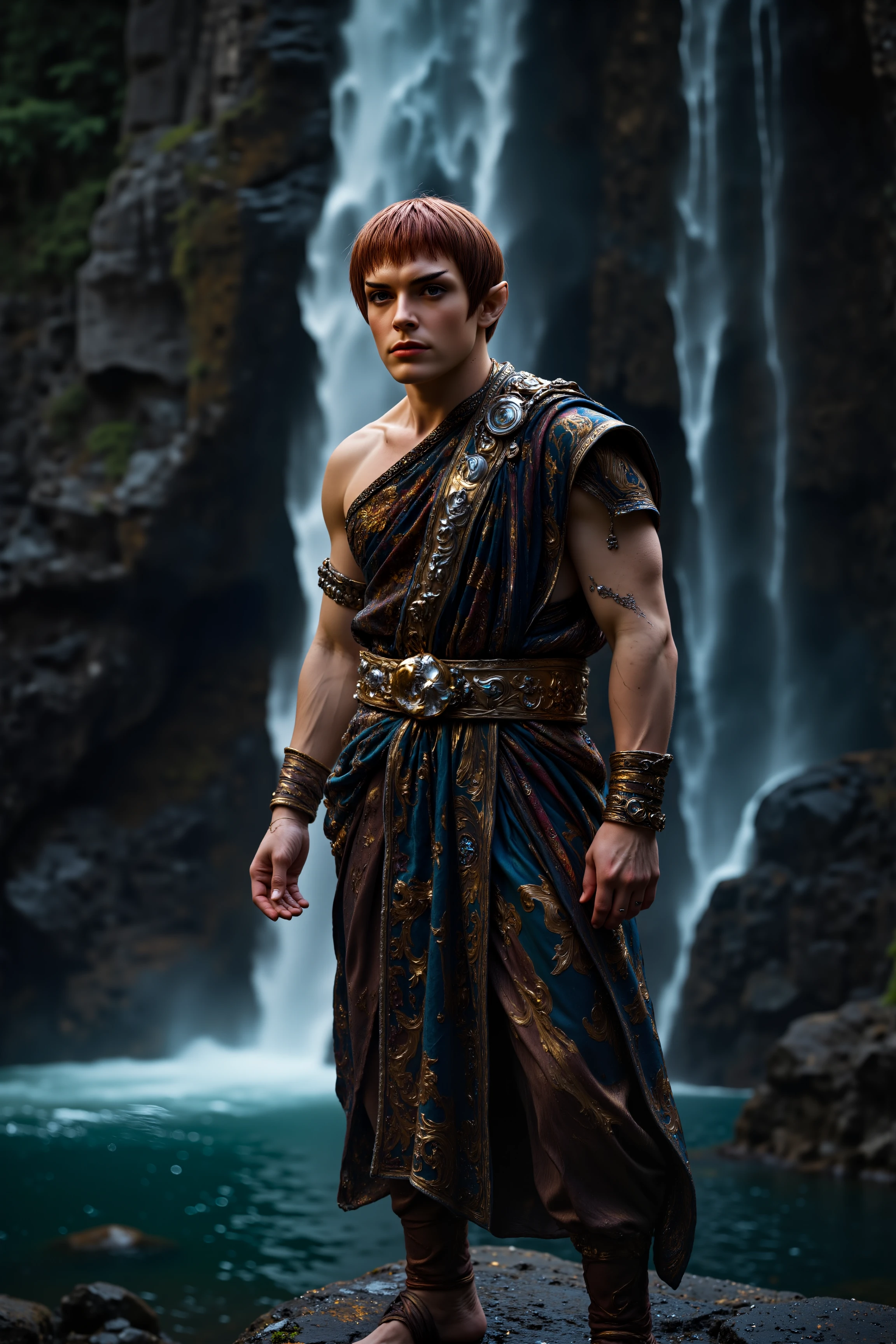 A vulcan man with short hair in ornamental robe stands on rock near a waterfall (photography, high-resolution, dynamic, energetic,hyper-realistic, dramatic lighting, shallow depth of field.), detailmaximizer, MythP0rt<lora:midjourney_whisper_flux_lora_v01:0.55><lora:aidmaMJ6.1-FLUX-V0.1:0.4><lora:FluxMythP0rtr4itStyle:0.4><lora:detailed_flux_ntc:2.2><lora:aidmaImageUpgrader-FLUX-V0.1:0.65><lora:VULCANV1_FLUX:1.3>