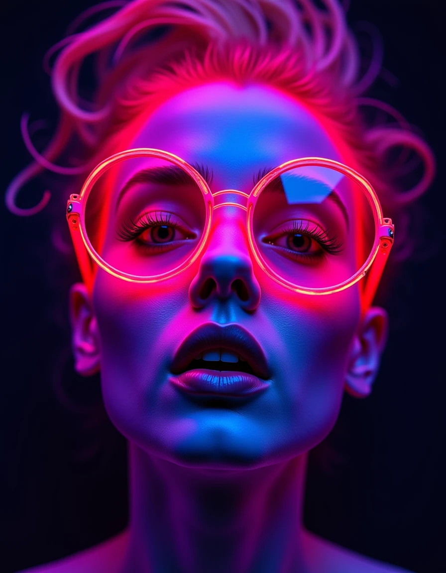 a woman wearing glowing red and purple sunglasses, beautiful, dark background, contrast of color and darkness, painting. bizarredreams  <lora:FLUX_Bizarredreams:1>