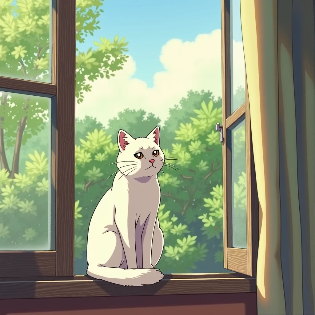 retro_anime, cute white cat sits impressively on the sill of an open window, with a view of the garden outside