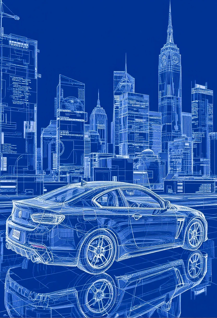 Wireframe model of a car parked in a futuristic city with glowing neon signs and skyscrapers