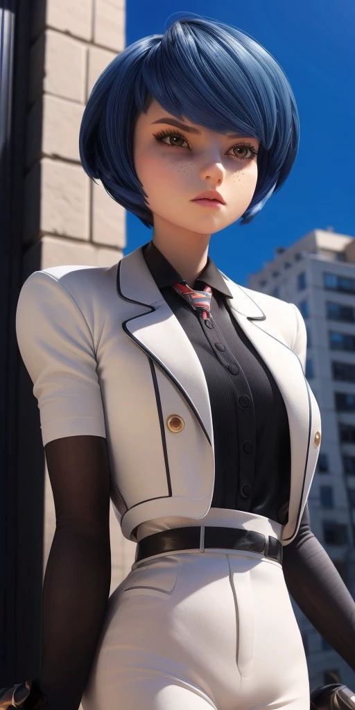 Hyperrealistic, photorealistic, super detailed, white long-sleeved blazer that has black outlines around the collar, expressive sharp slanted moderate vermilion eyes, thick straight black hair with blue reflections bangs swept to the left in a face-framing bob that levels with her chin with dark blue tints, lighter dusting of light-brown freckles, body like in real life, large pores, fair skin, slender, beautiful arms, (very little very flat breasts), unreal engine, octane render, droped shadow, bokeh, cinematic lighting, <lora:add_detail:0.5>, <lora:Volumetric_lighting:0.6>, Kagami Tsurugi,, <lora:dc2cca4f-0ca7-4e9e-8f19-795820b7cd3f:0.7>