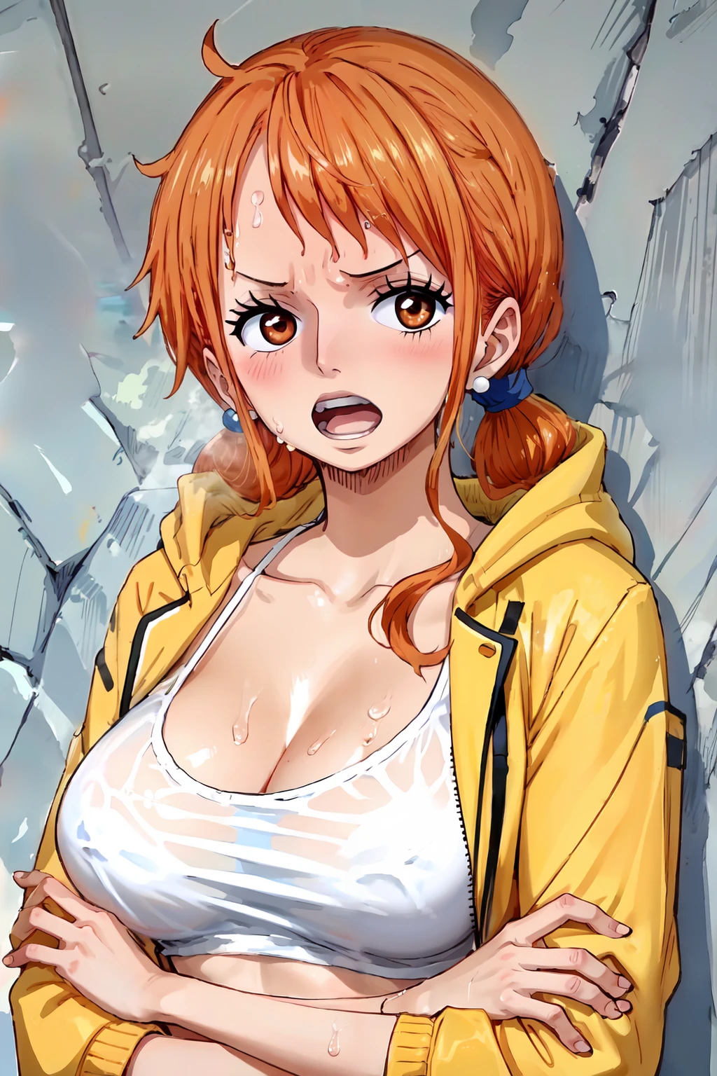 nami, 1girl, solo, long hair, breasts, looking at viewer, blush, open mouth, shirt, long sleeves, cleavage, twintails, jewelry, medium breasts, collarbone, jacket, white shirt, upper body, sweat, earrings, open clothes, teeth, hood, open jacket, wet, v-shaped eyebrows, orange eyes, crossed arms, hood down, wet clothes, hooded jacket, steaming body, wet shirt, nami (one piece), <lora:nami-03:0.9>