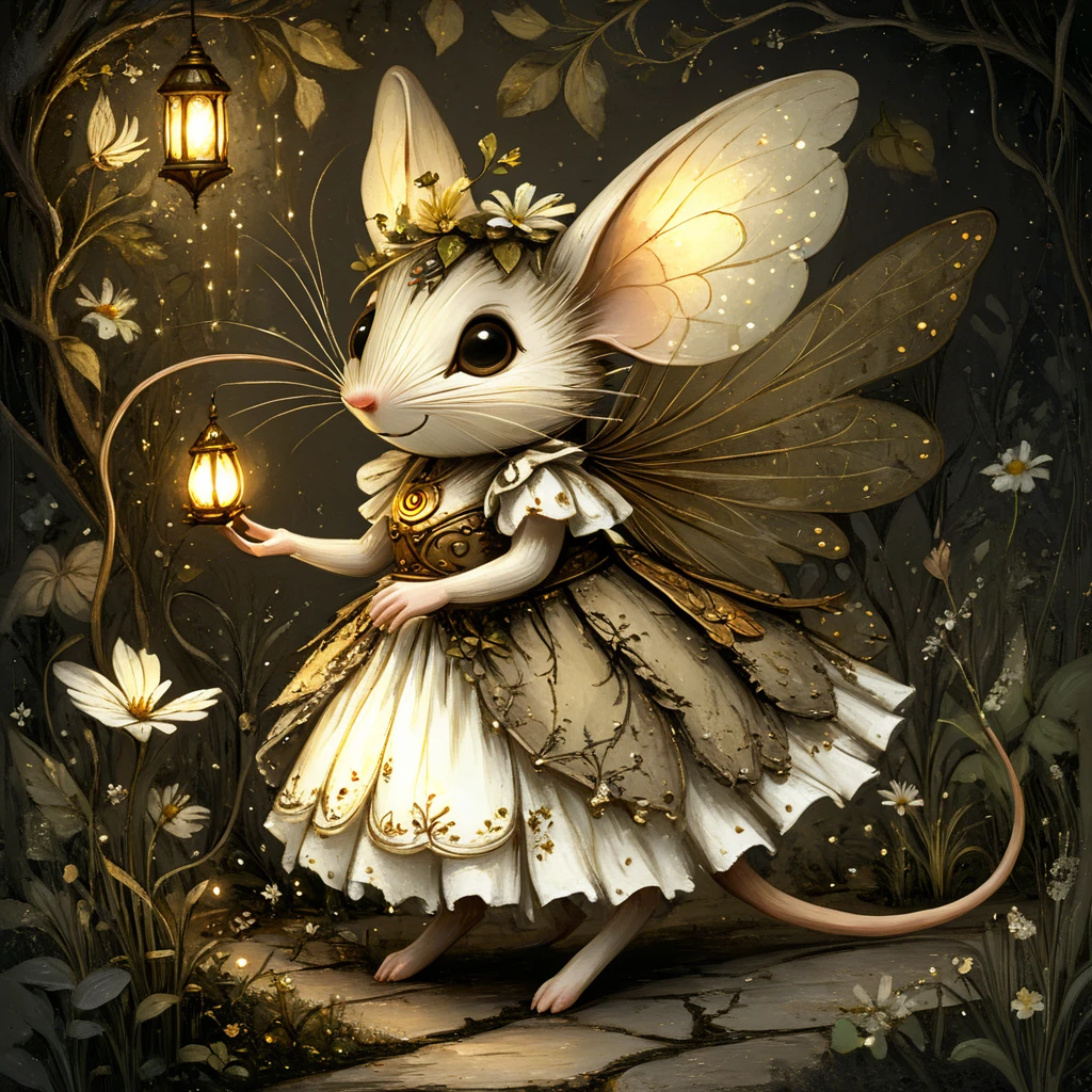 <lora:MazesMiceSDXL:1> MazesAndMice, The image is a digital illustration of a fairy mouse in a garden. The mouse is wearing a white dress with gold accents and has large pointed ears. It is standing on its hind legs with its front paws resting on the ground. The dress has a ruffled skirt and a gold belt around its waist. The fairy has large wings that are spread out behind the mouse with intricate patterns and designs. The background is dark and filled with plants and flowers and there is a small lantern hanging from a tree branch on the left side of the image. The overall mood of the illustration is whimsical and dreamlike., flower, wings, lantern, mouse, fairy, whiskers, dress, solo, no humans, tail