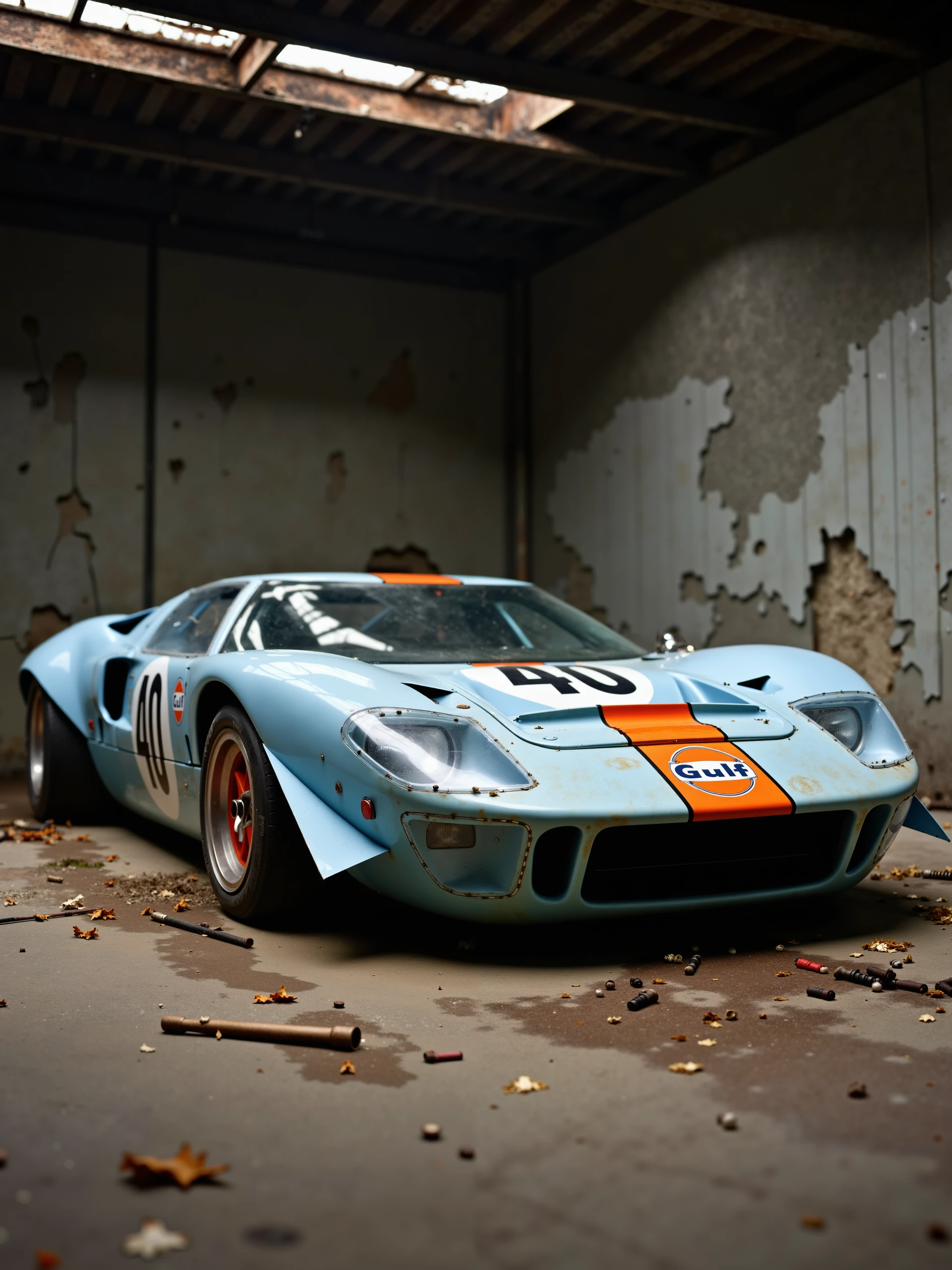 this atmospheric and abandoned garage setting, the Ford GT40, known for its iconic Gulf livery, sits neglected in a dimly lit corner, much like a relic of the past. Dust and dirt have settled heavily on its once-shining light blue body with orange racing stripes, giving the car a weathered, forgotten look. The vibrant colors of the number 40 on the side are now muted, barely visible beneath layers of dust, as if the car has been left untouched for decades.

The GT40’s front end is facing forward, the distinct shape of the nose and low stance still visible but covered in grime. The once-bright headlights are now coated with a film of dirt, their glass slightly fogged over. The front grille and air intakes, which were once polished and aggressive, are now tarnished and covered in debris, adding to the sense of abandonment.

Surrounding the car are the cracked, worn-down walls of the old garage, with beams of light occasionally piercing through the roof, casting a faint glow on the GT40's silhouette. The uneven concrete floor beneath the car is scattered with old tools, rusted car parts, and small patches of oil, further emphasizing the car’s forgotten state.

The scene conveys a powerful contrast: the GT40, once a symbol of speed, power, and prestige, now sits as a relic of the past in a dusty, crumbling garage, its glory days long behind it. The soft, dim light adds to the atmosphere, making the viewer feel as if they’ve stumbled upon a long-lost treasure, waiting to be rediscovered.