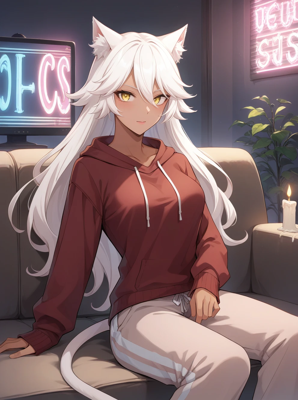 score_9, score_8, score_7_up, source_anime,
granart needakitta, animal ears, white hair, long hair,dark-skinned female, white cat tail, yellow eyes,1girl, solo, animal ears
medium breasts, 
sitting on the sofa, watching tv, candles, neon lights, snacks, pullover, sweatpants, 
  <lora:StS_PonyXL_Detail_Slider_v1.4_iteration_3:0.2> <lora:Expressive_H:0.1> <lora:housechores-guy-PONYv1:0.4> <lora:granart needakitta 0.1:0.65>