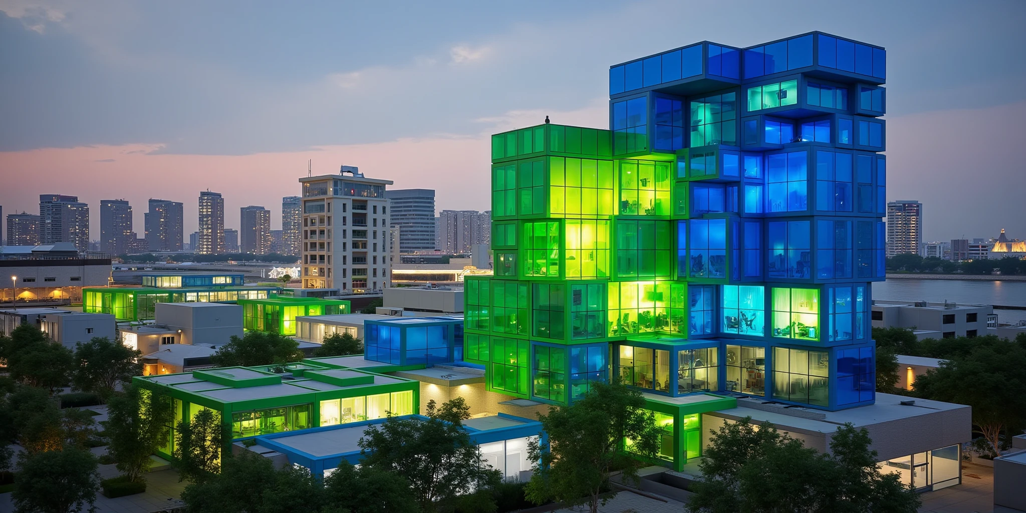 A vibrant and stylish futuristic cityscape at dusk, with a modern building in bold, bright colors: vivid green and deep blue. The sky is filled with warm tones of sunset, complementing the striking contrast of the building's color palette. The architectural design feels dynamic yet balanced, with the bright lights of the city starting to glow, adding to the vivid energy. The atmosphere is lively, yet the structure maintains an elegant sense of order