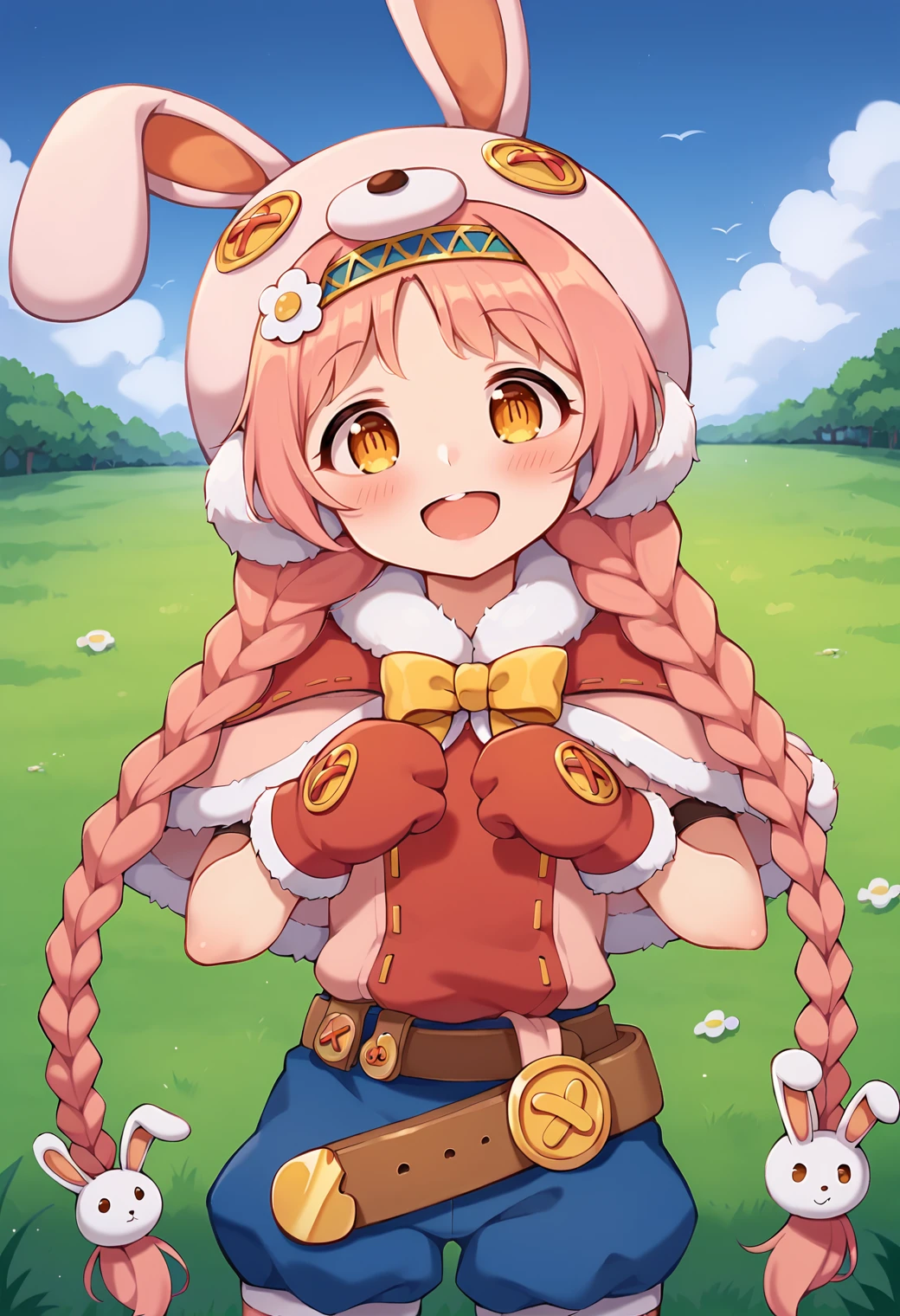 score_9, score_7_up, hd, (ultra hd quality details), source_anime, outdoors, blue sky, grassland,
solo, 1girl, pcrmimi, very long hair, twin braids,
pcrmimi, very long hair, twin braids, mimidef, bunny hat, hairband, rabbit hair ornament, white flower, fur-trimmed capelet, pink shirt, belt, blue shorts, red mittens,
looking at viewer, blush, open mouth, smile,
standing, 
<lora:_mimipcr-elesico-pony:1>