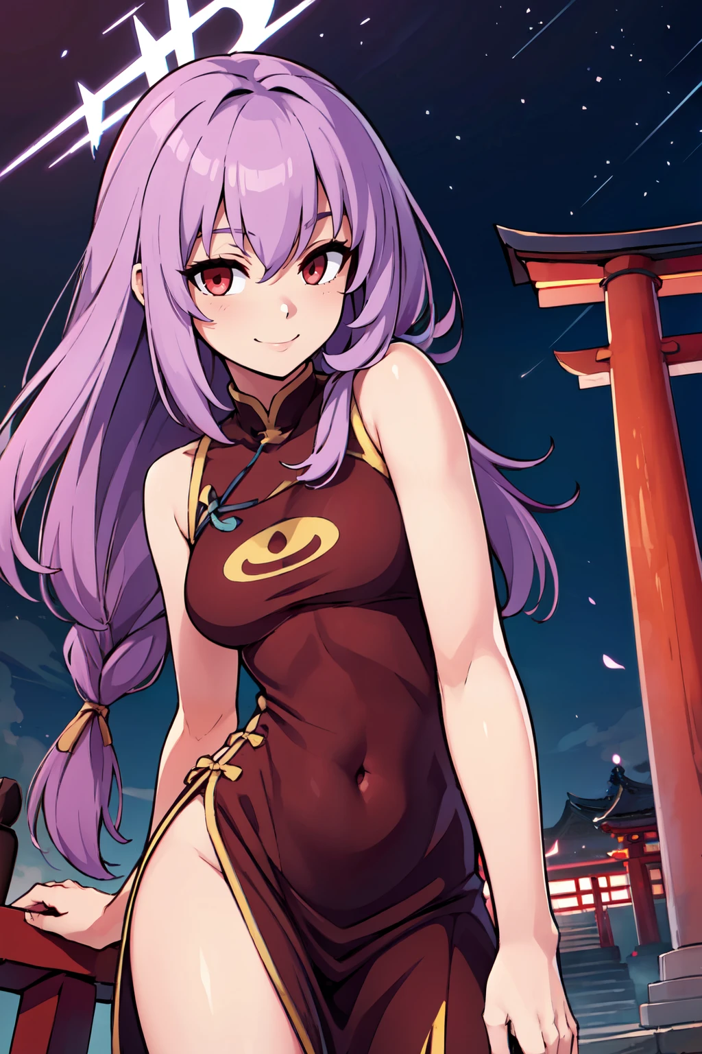 ((masterpiece,best quality)), absurdres,  BREAK, , <lora:Atsuko_BlueArchive_Citron:0.8>, zzAtsuko, red eyes, purple hair, long hair, twin braids, halo , BREAK,  china dress, pelvic curtain, side slit, sleeveless, print dress, covered navel, no panties, outdoors, night, torii, shrine, east asian architecture, leaning forward, hand on own thigh, from above,, BREAK, solo, smile, looking at viewer, cowboy shot,