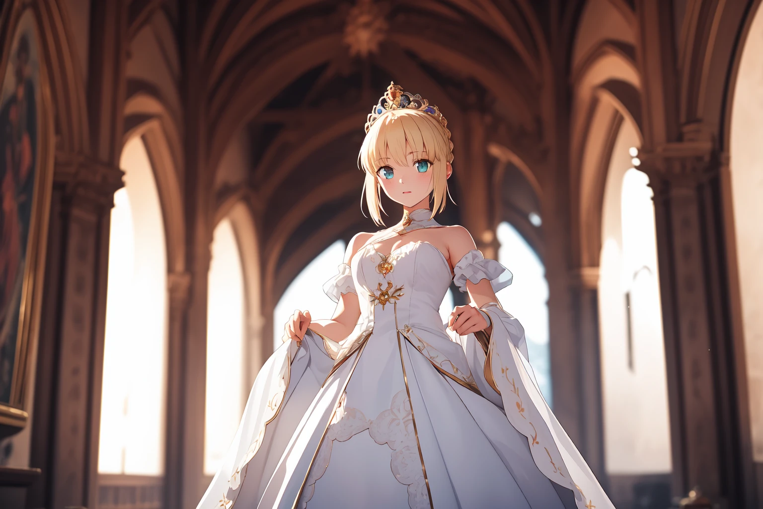 (RAW photo, best quality), masterpiece, 1girl,  natural lighting
 <lora:saber_atoria_v1_2-000006:1>, artoria,
princess dress, tiara, jewelry, castle hall, medieval,