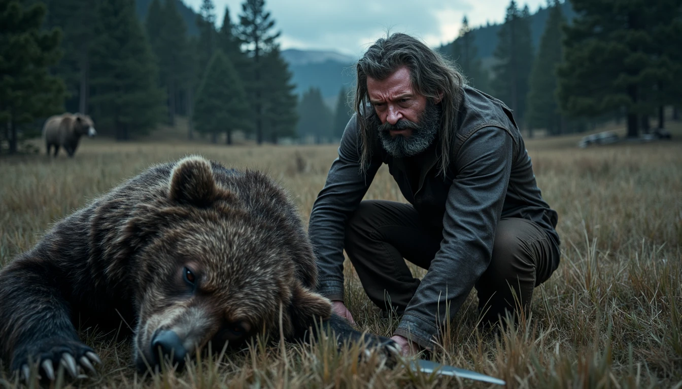 LGN, Capture a series of movie stills depicting a tense scene in the wilderness with Old Man Logan, using a cinematic art style. Focus on Logan with long, unkempt hair, as he kneels beside a fallen bear, tragically killed in a hunting situation. Use close-up shots to highlight Logan's intense expression and the emotional weight of the moment. Employ slow zooms or dolly shots to build suspense, drawing the viewer into the scene. Illuminate the setting with soft, silvery moonlight, casting shadows that enhance the dramatic tension. Choose a color palette of deep blues, earthy browns, and muted greens to reflect the natural environment. Utilize a high-quality camera, like the Panasonic LUMIX S5 II, to capture the fine details and dynamic range of the scene. Exclude other human figures to maintain the focus on Logan's solitary experience and the poignant atmosphere.