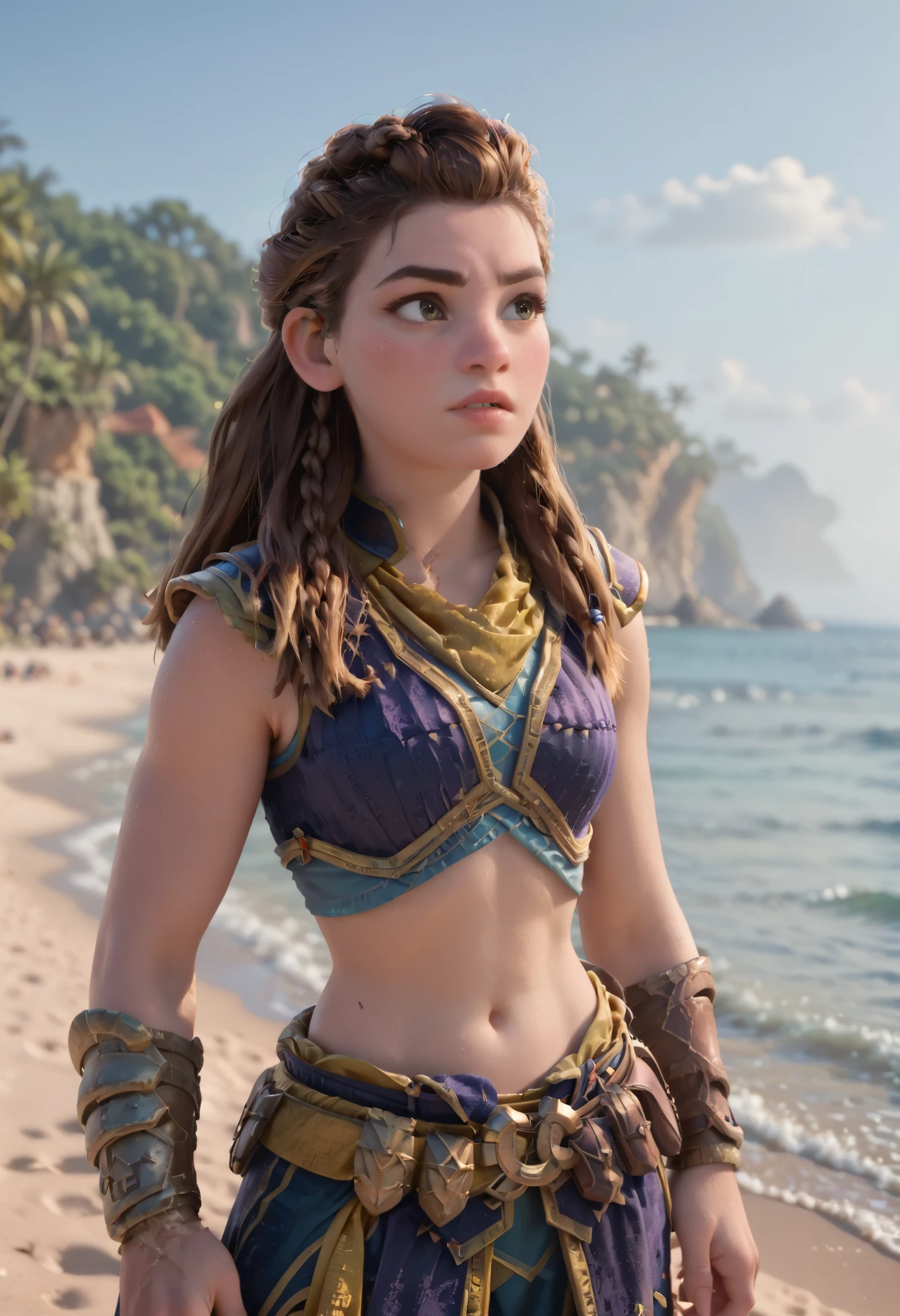 score_9, score_8_up, score_7_up, 1girl, solo, aloy, brown hair, multiple braids, (carja armor), navel, sleeveless, bracer, (hands on own hips:1.2), looking looking to the side, lips, (pouty lips:1.4), facing viewer, beach, disney pixar style,
<lora:Aloy:.6>