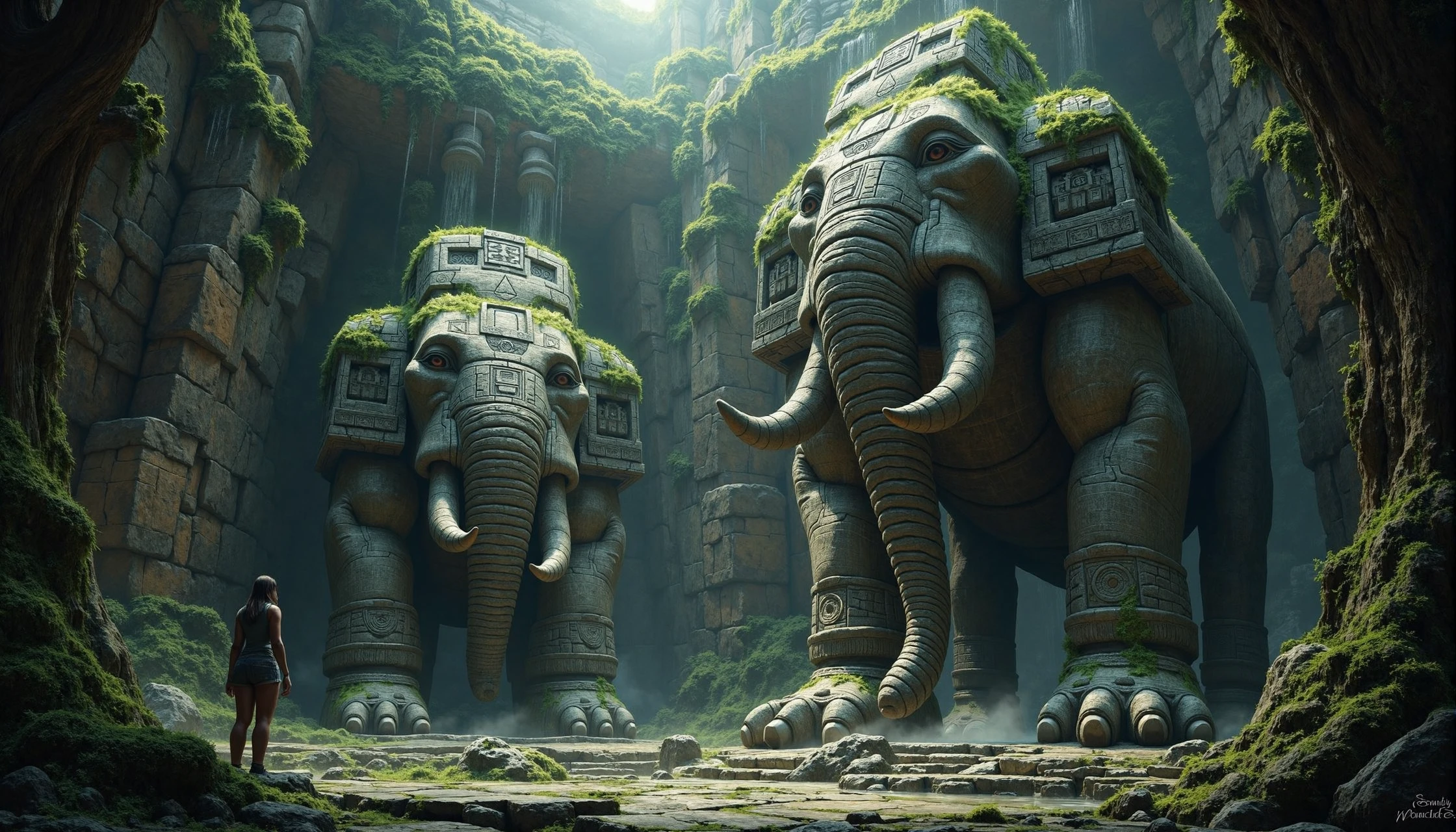 In a dense, post-apocalyptic jungle, towering stone-carved animals—elephants, tigers, and eagles—stand covered in moss and vines. Their massive bodies are embedded into cliffs and forgotten ruins, intricate Mayan and Aztec glyphs glowing faintly on their surfaces. These statues, with jagged stone tusks, claws, and wings, are adorned with ancient symbols of power and protection. The dense foliage and towering trees wrap around them, creating an eerie yet sacred atmosphere. Beams of sunlight break through the thick canopy, illuminating the carvings, while the sound of distant waterfalls fills the air. Laura, standing at the base of one of these colossal stone creatures, sees a faint glow coming from the ancient glyphs, hinting at a long-forgotten power. The environment feels alive, with the ancient and mystical blending with nature.