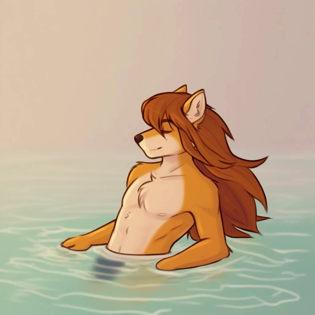 Red_Savarin_(Solatorobo), solo, anthro, male, furry 
two toned fur, orange fur, dog boy, long hair, brown hair, swimming, at the beach