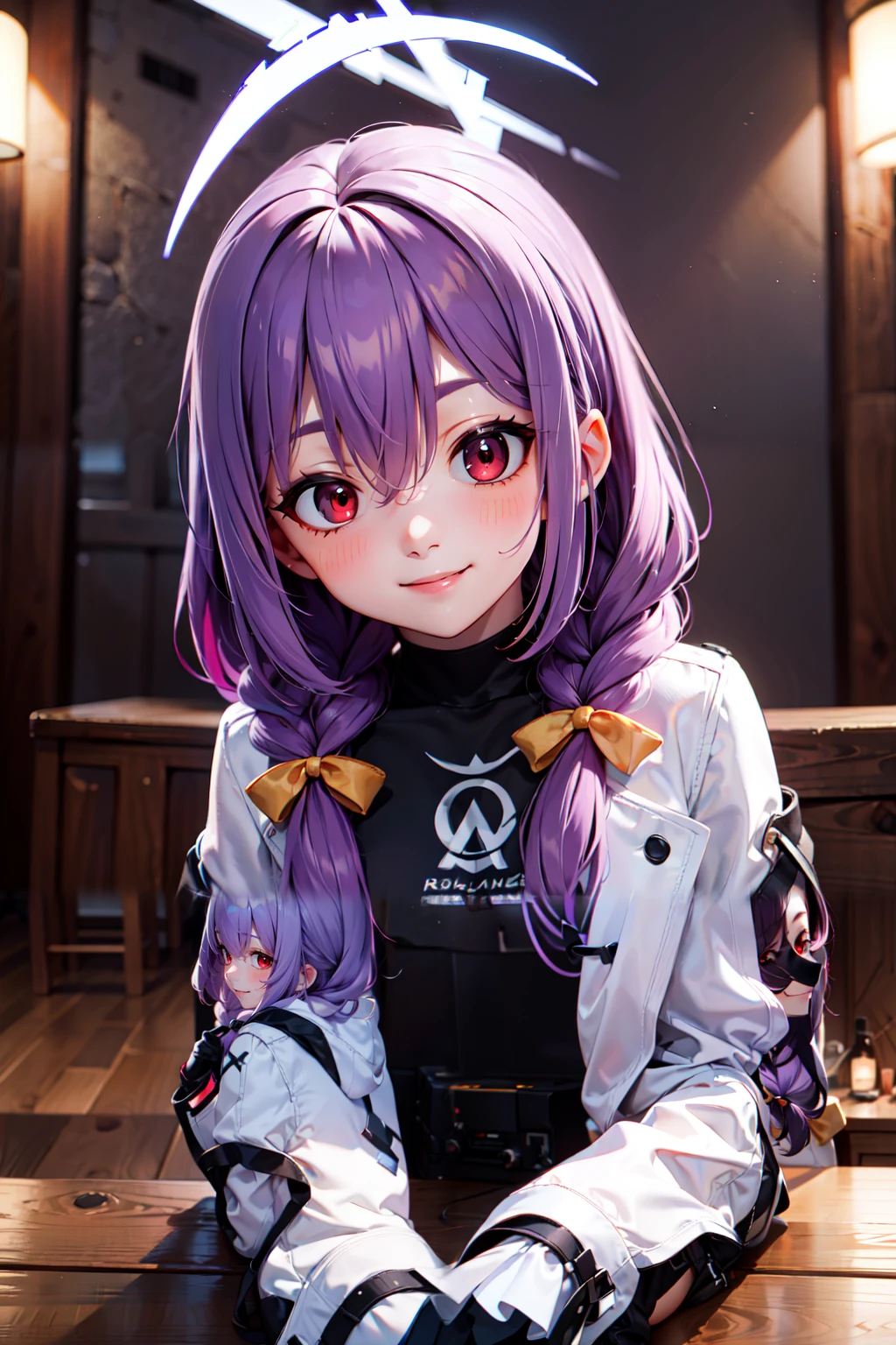 (masterpiece), <lora:Beautiful_CAT_v3:0.8>, best quality, high resolution, highly detailed, perfect lighting,  , <lora:Atsuko_BlueArchive_Citron:0.8>, zzAtsuko, red eyes, purple hair, long hair, twin braids, halo white dress, white jacket, black gloves, hooded jacket ,, upper body , solo, smiling, looking at viewer,, BREAK, leaning forward, head tilt, blush, upper body,