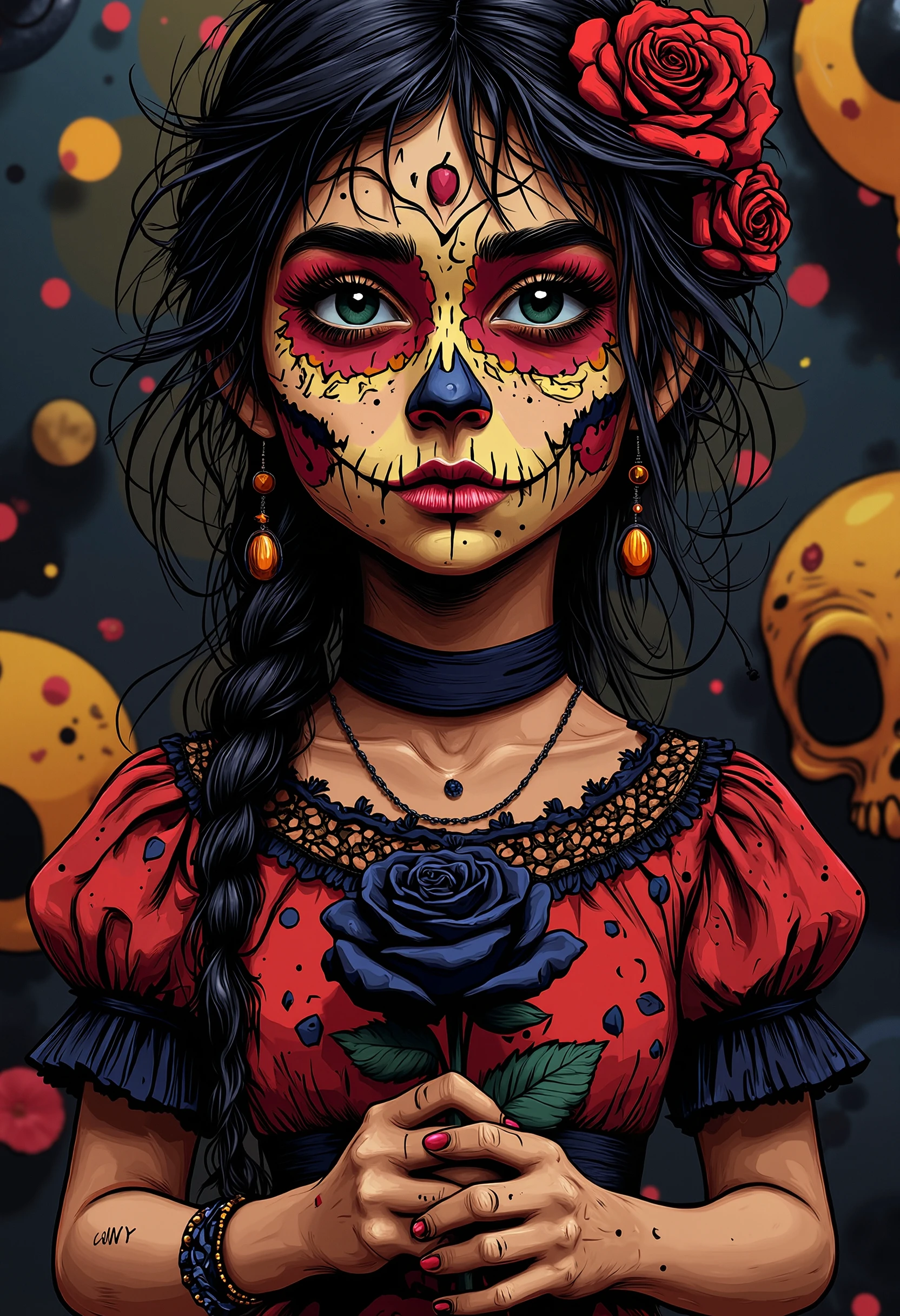 pst003,A very beautiful girl with black hair in a red and black vintage lace dress, a mask in honor of all the dead Santa Muerta day is painted on her face, portait, red roses are in her hair, she holds one black rose in her hands, Carnival in the background, the photo is realistic, hyper realistic, high detail, saturated colors