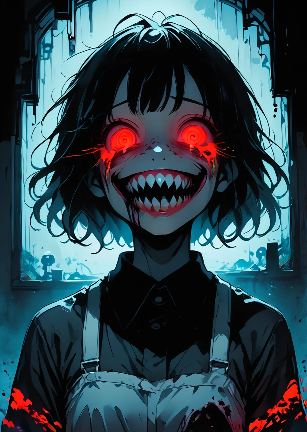 <lora:Vibrant_yandere:1> vibrant colors, glowing eyes, yandere, insane, horror, dark art, wide smile, 1girl, sharp teeth, glowing, red eyes, smile, monster, teeth, horror (theme), black hair, short hair