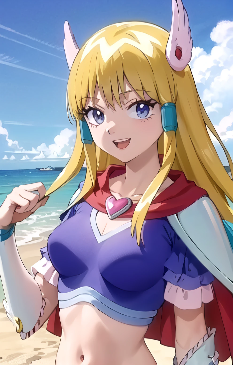 ((best quality)),((highly detailed)),masterpiece,absurdres:1.1),
denbo, 1girl, solo,  high quality, magical girl, blonde hair, red cape, blue top, hair accessories, shoulder guard blue eyes, headshot, upper body, posing,  smiling,
 masterpiece, best quality, pretty, cute, detailed, beach shore background, arms at sides, thrusting chest forward, promiscuous