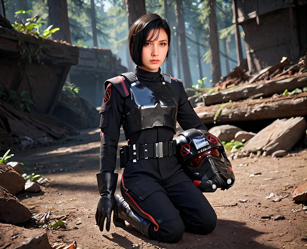 (score_9, score_8_up, score_7_up, score_6_up),  <lora:Seyn_Marana:1> seyn marana, star wars, 1girl, solo, helmet, gloves, science fiction, black hair, weapon, short hair, uniform, boots, armor, black gloves, realistic