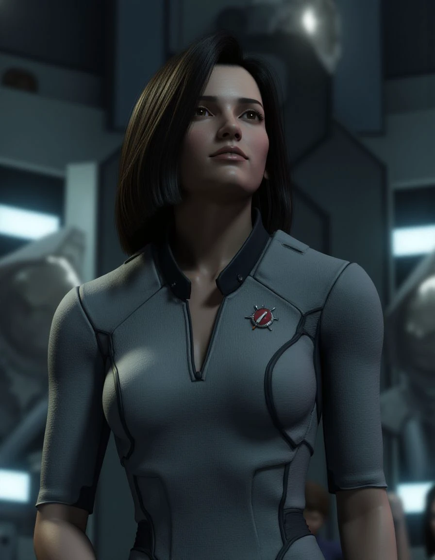 a cgi render of a woman with shoulder-length parted hair and medium-dark complexion looking at the viewer with a faint smile. the woman is wearing a grey bodysuit. in a space station. <lora:Flux_Aki_Ross_Final_Fantasy-000001:1.0>