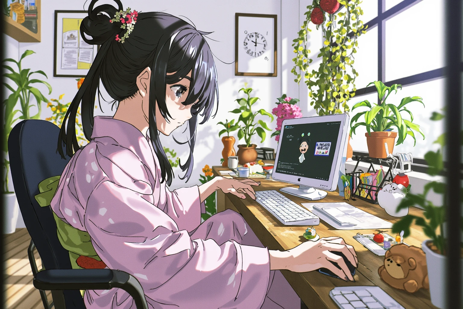 the drawing is in the style of goutuhuashi,The image shows a woman sitting at a desk in an office. She is wearing a traditional Japanese kimono and has long black hair tied up in a bun. The desk is cluttered with various items such as a computer monitor,keyboard,mouse,and other office supplies. There are also several stuffed animals scattered around the desk. The room is filled with plants and other decorative items,and there is a large window on the right side of the image that lets in natural light. The overall atmosphere of the room is chaotic and cluttered,