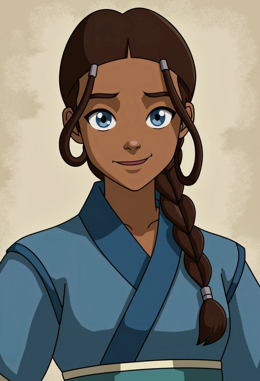 Katara, a woman with light brown skin, blue eyes, and brown hair, and a single braid.
She is dressed in a traditional blue robe with a white sash tied around the waist.
She is looking at viewer.