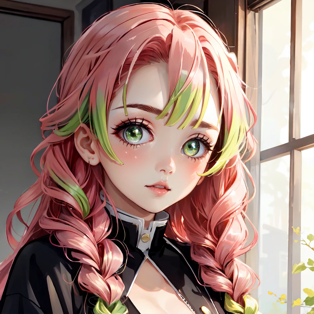 1girl, mitsuri_kanroji, kanroji mitsuri, kimetsu no yaiba, green hair, pink hair, portrait,  <lora:mitsuri_kanroji-03:1>