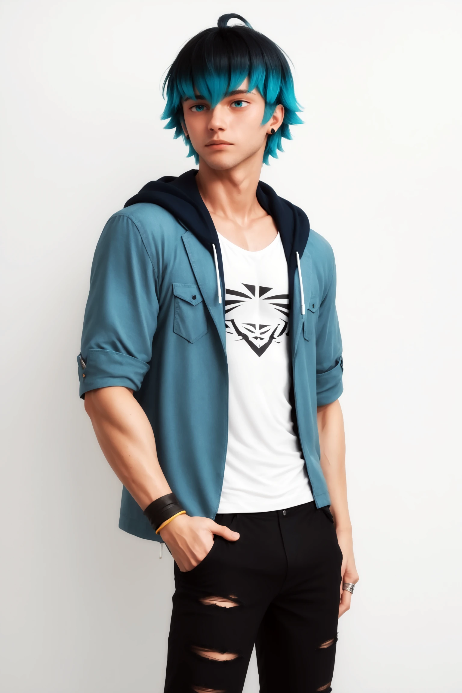 score_9, score_8_up, score_7_up, score_6_up,score_5_up,score_4_up, imtdlukac, 1boy, blue hair, hood, aqua eyes, blue eyes, jacket, shirt, white shirt, hoodie, multicolored hair, short hair, pants, bracelet, hair between eyes, bangs, hood down, ahoge, green hair, black hair, gradient hair, ring, torn pants, wristband, stud earrings, black pants
