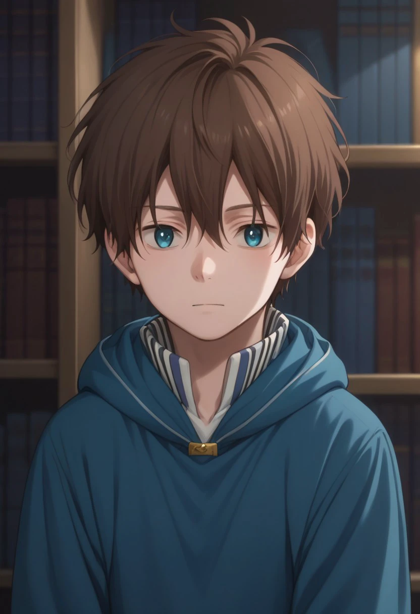 score_9, score_8_up, score_7_up, source_anime, highly detailed, 
ryuu, 1boy, solo, male focus, brown hair, blue eyes, long sleeves, hood, hoodie, blue hoodie, upper body
indoor,library,