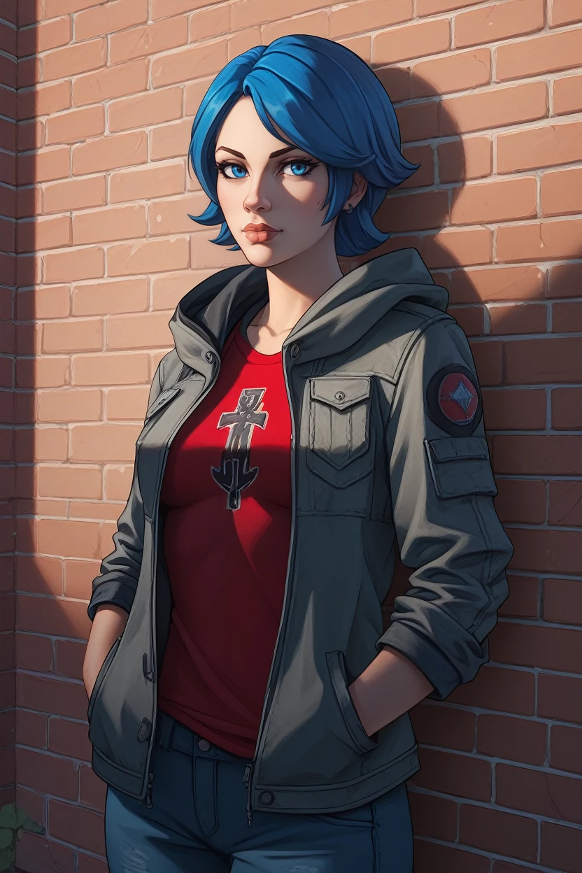 score_9, score_8_up, score_7_up, score_6_up
<lora:BLAthena:0.8>
BLAthena, 1girl, blue hair, blue eyes, short hair, looking at viewer, leaning against a brick wall, hands in jacket pockets, urban alleyway with graffiti art, moody lighting with shadows, edgy and modern vibe