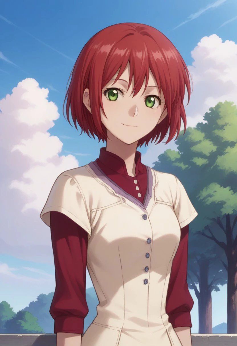 score_9, score_8_up, score_7_up, source_anime, highly detailed, 
shirayuki, 1girl, solo, red hair, green eyes, short hair, smile, dress, white dress, shirt, red shirt, looking at viewer, upper body, hand in hair,
outdoor, sky, clouds, tree,