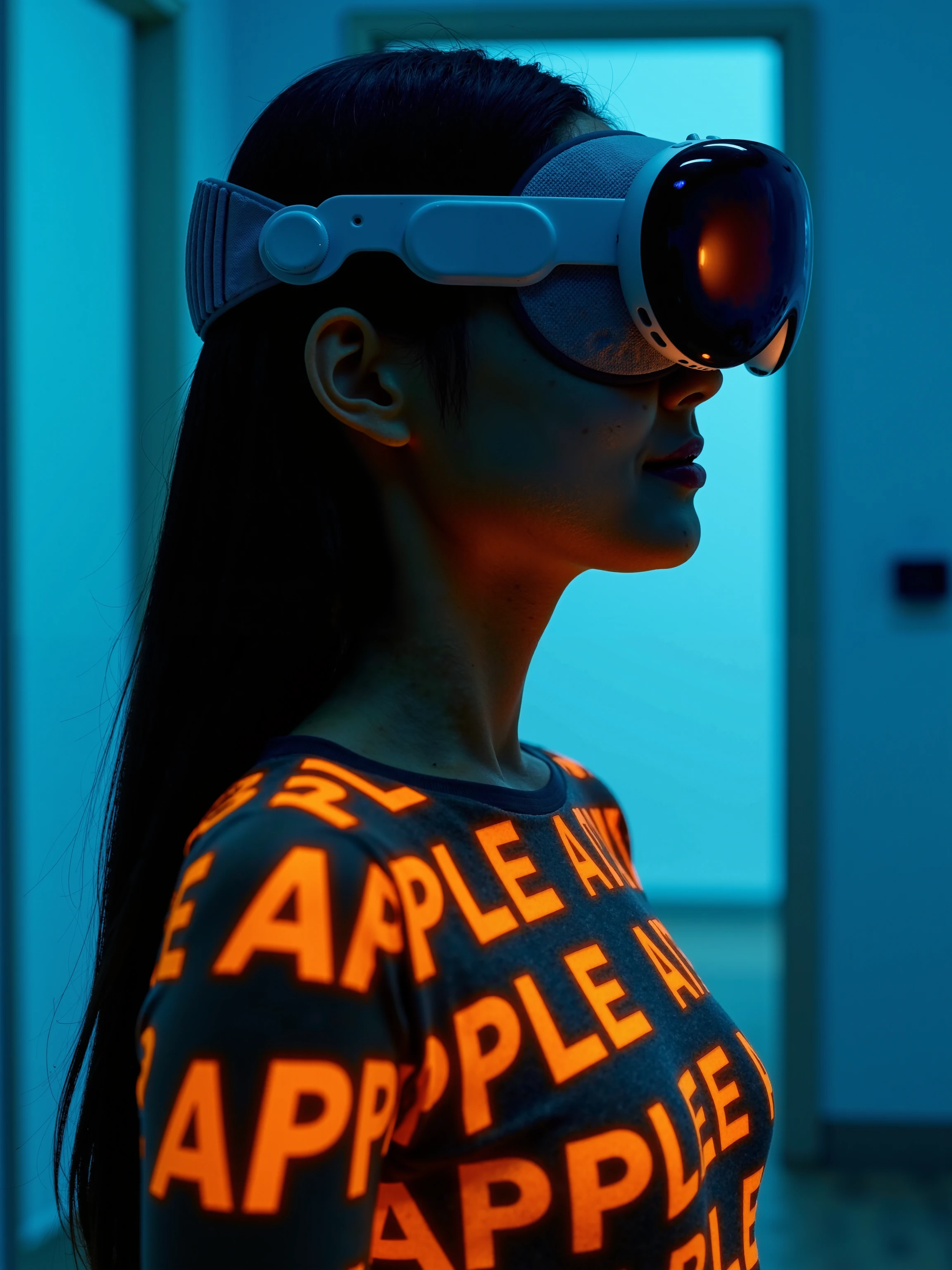  In a minimalistic, futuristic setting, a young woman stands in profile, her face and upper body illuminated by bold, glowing text that repeats the word "APPLE" across her skin. The projected text is vivid orange, creating stark contrast against the deep shadows that define her silhouette. She is wearing the sleek, futuristic Apple Vision Pro headset, its large, curved black reflective lens covering her eyes, giving her an enigmatic, tech-savvy appearance. The headset’s white frame and mesh-textured strap stand out against her long, dark hair, adding a sleek and modern element to her overall look.

Her expression is calm, neutral, and introspective, slightly obscured by the text and the reflective surface of the Apple Vision Pro. The word "APPLE" repeats in sharp, digital fonts, wrapping around her face and body, the letters distorted slightly as they conform to the natural curves of her form, blending human elements with digital precision. The projection’s glow casts subtle reflections off the visor of her headset, reinforcing the high-tech, cyberpunk mood.

The lighting in the scene is minimal, with the glowing text serving as the primary light source, creating a stark contrast between the bright, luminous letters and the soft shadows on her face and body. The rest of the background fades into a cool, muted blue, adding to the sense of isolation and focus on her figure. The interplay of light and shadow gives the scene a haunting, futuristic vibe, suggesting themes of technology, identity, and connection.

The camera is positioned at a slight angle, capturing her in profile from the waist up. The depth of field is shallow, keeping her in sharp focus while the rest of the image softly fades into the background. The image’s color palette is dominated by cool blues, deep blacks, and the vibrant orange glow of the "APPLE" text, creating a striking visual balance between technology and humanity.

The mood is contemplative and immersive, blending elements of cyberpunk aesthetics with sleek, cutting-edge design. The juxtaposition of the Apple Vision Pro headset and the projected text suggests a futuristic world where digital and physical realities intersect, adding a layer of intrigue and complexity to the overall composition. The scene feels both modern and emotionally resonant, with a clean, minimalist aesthetic underscored by its technological focus.