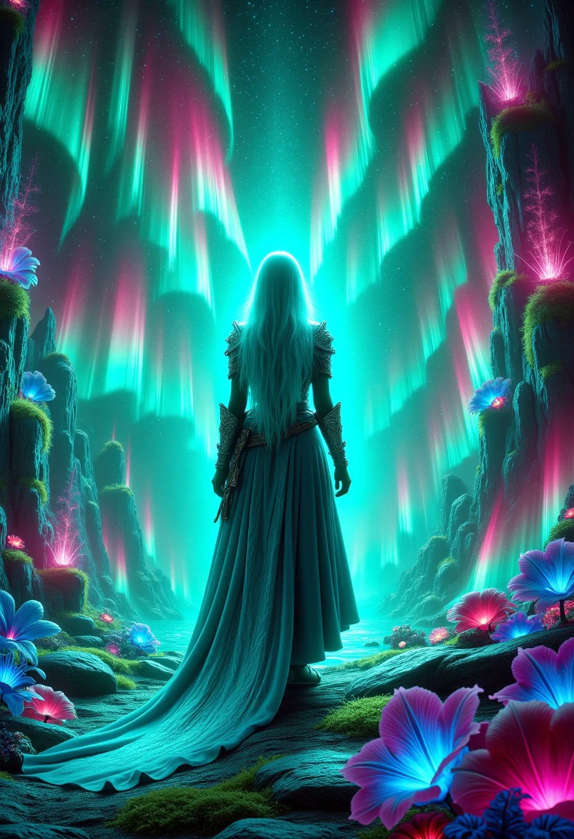 EnchantedAurora, a sorceress conjures a portal, stepping through it into a world of glowing landscapes and floating islands that shimmer with magical energy.